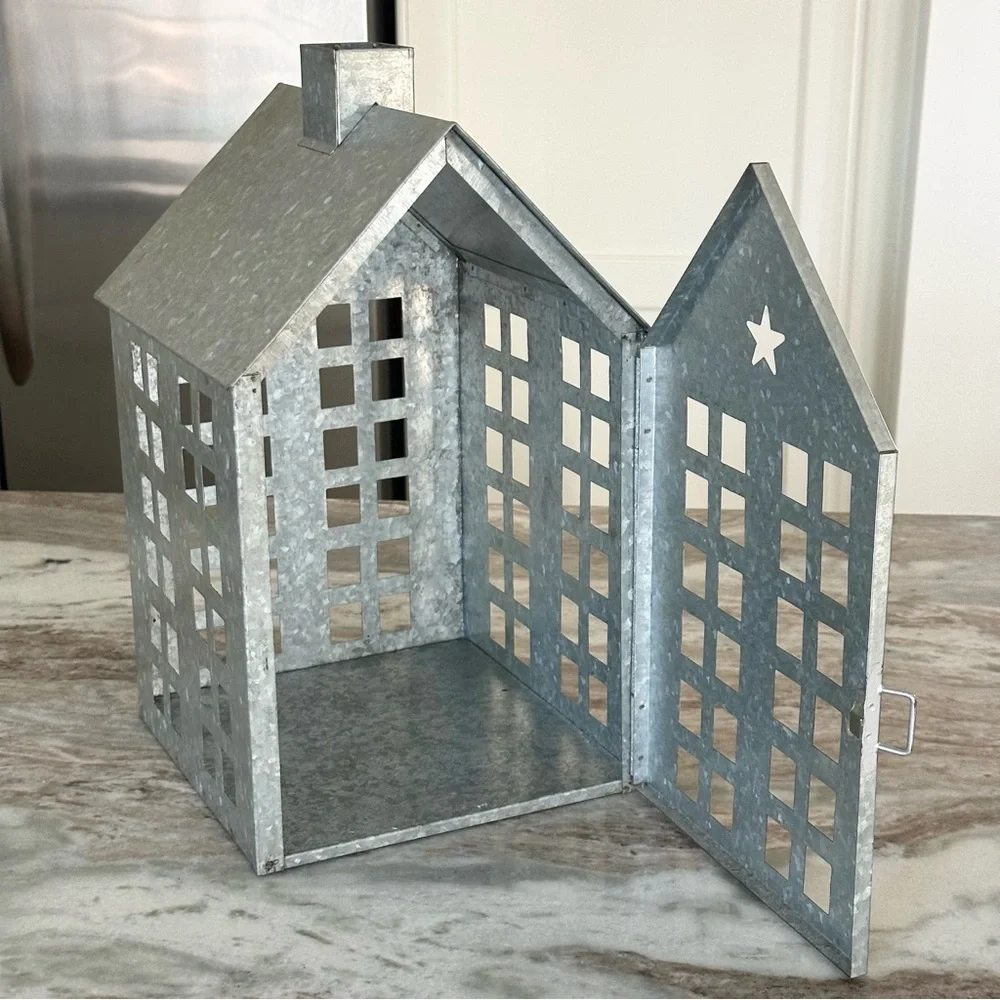 Large Holiday Galvanized Metal Luminary House / Christmas Village Lantern